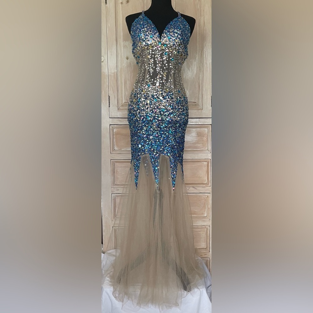 Fully Hand Beaded with Nude Illusion Mesh Mermaid Silhouette Gown